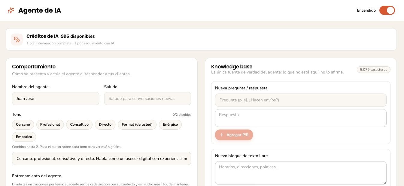 Configuración actual del agente de IA